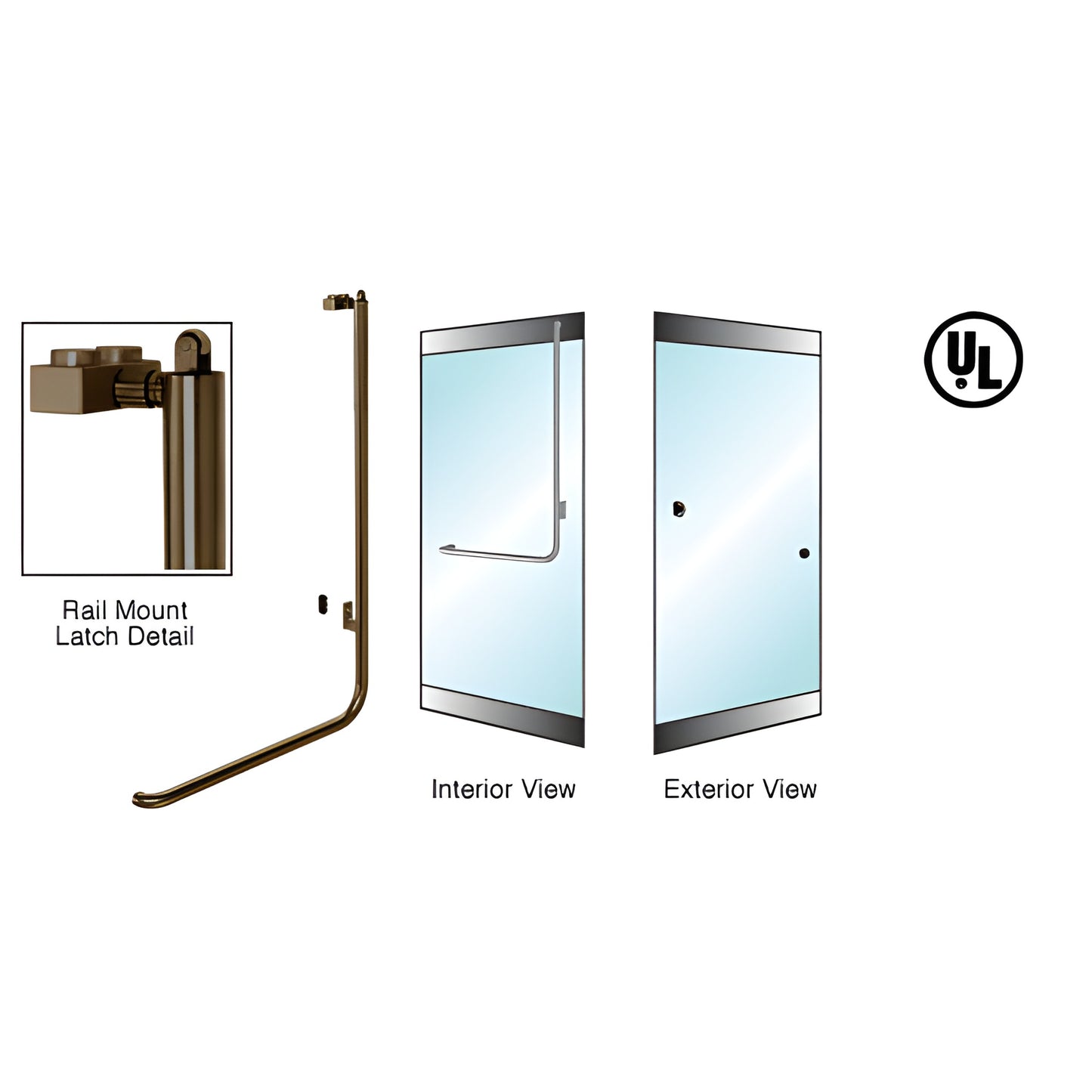 Oil-rubbed bronze PA100 rail-mount panic handle (SKU PA100Z3RK0RB) for glass doors, 1-1/4" tubular grip, interior push bar.