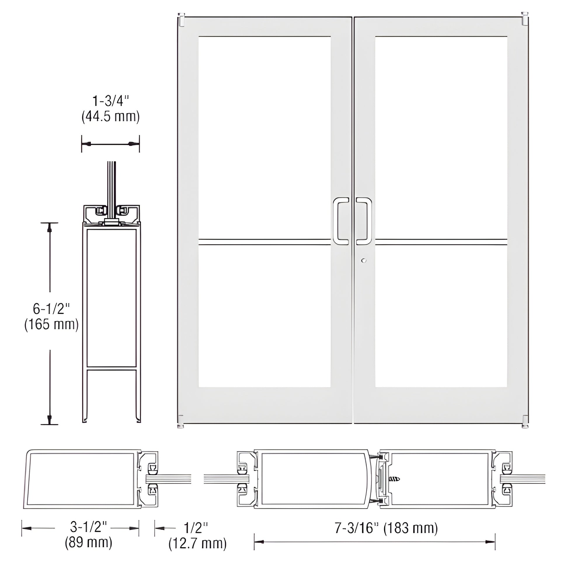 DC42252 White Kynar double medium-stile entrance door with glass stops, 6-1/2" bottom rail and push/pull hardware.