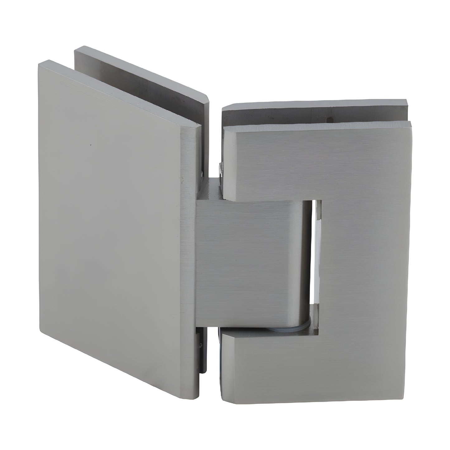 Brushed nickel square glass-to-glass shower hinge (GEN545BN), solid brass Geneva hinge with 5 preset.