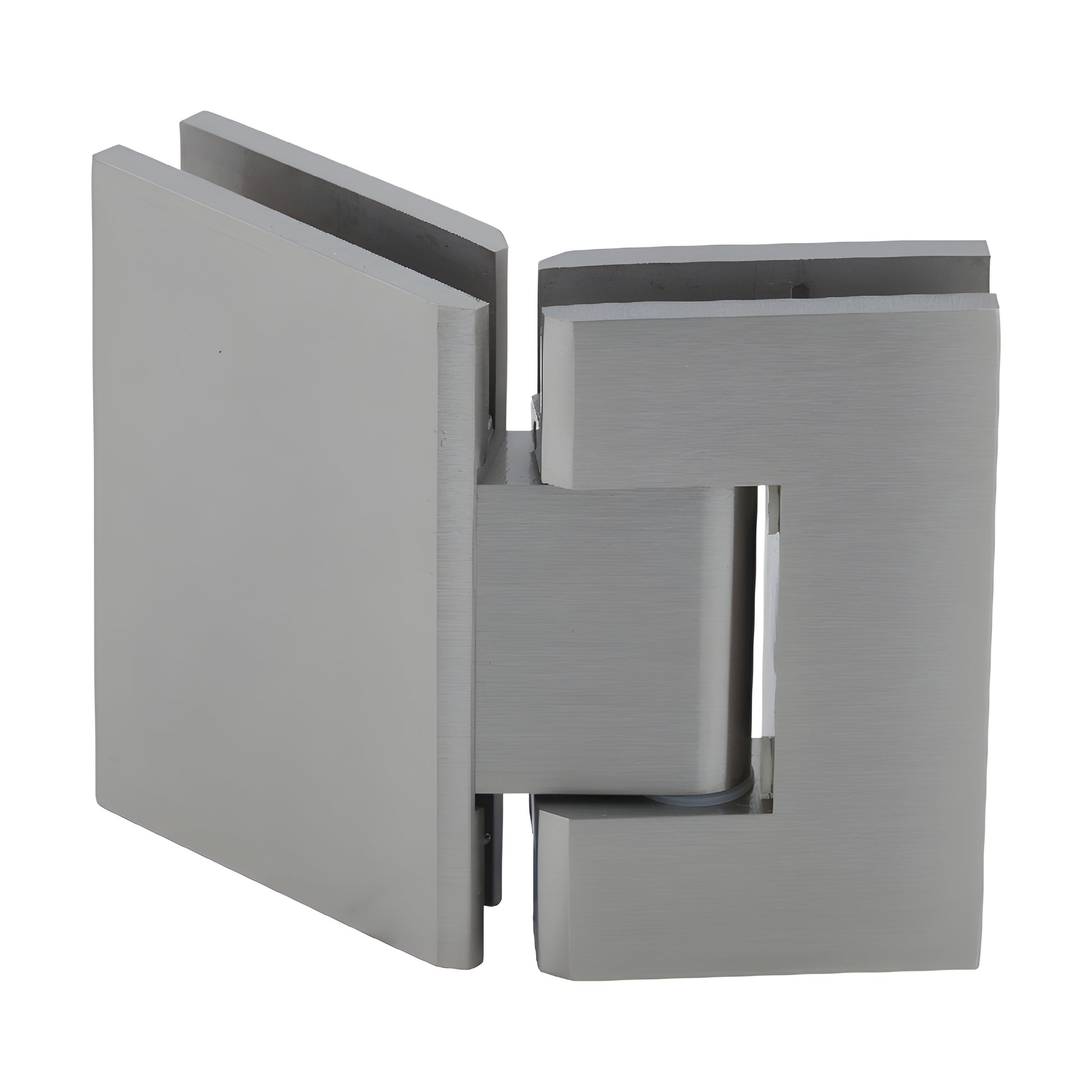 Brushed nickel square glass-to-glass shower hinge (GEN545BN), solid brass Geneva hinge with 5 preset.