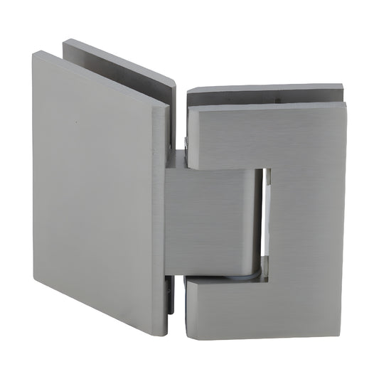 Brushed nickel square glass-to-glass shower hinge (GEN545BN), solid brass Geneva hinge with 5 preset.
