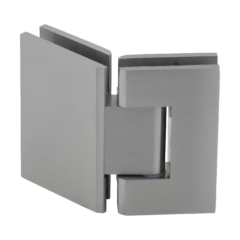 Brushed nickel square glass-to-glass shower hinge (GEN545BN), solid brass Geneva hinge with 5 preset.