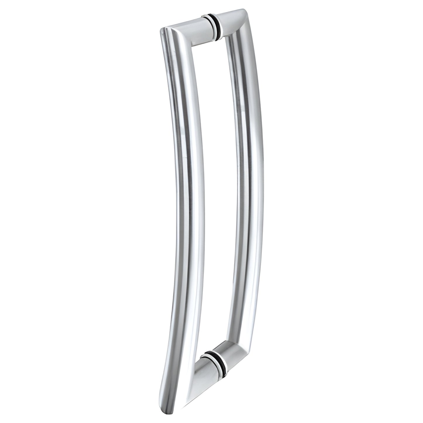 RC24X24PS polished stainless curved 1 in tubular back-to-back glass door pull, fits 3/8-3/4 in glass, 24 in center