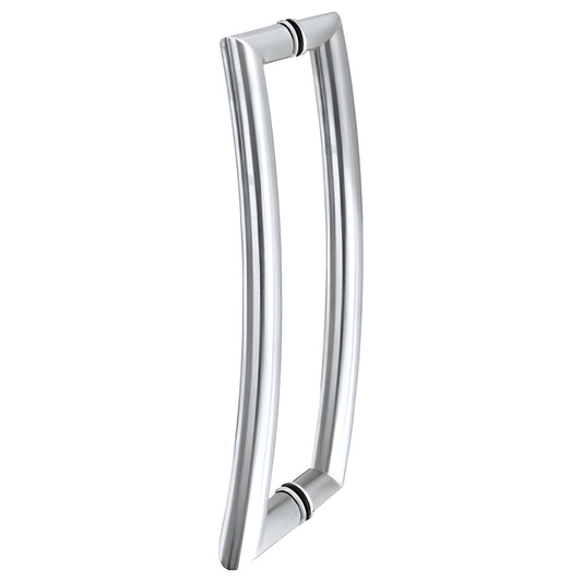 RC24X24PS polished stainless curved 1 in tubular back-to-back glass door pull, fits 3/8-3/4 in glass, 24 in center