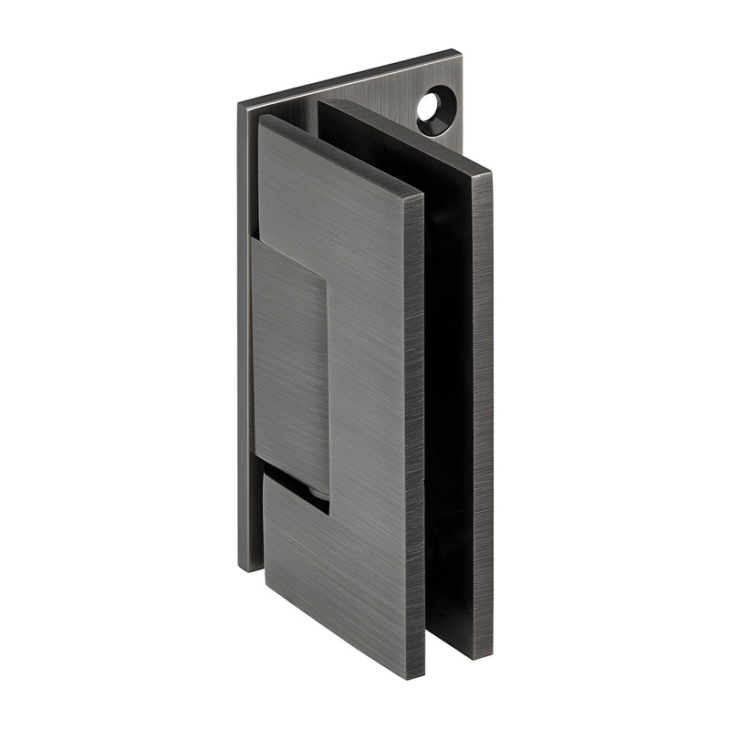 GEN344ABN Geneva adjustable shower door hinge in antique brushed nickel, solid brass, square-profile wall-mount.