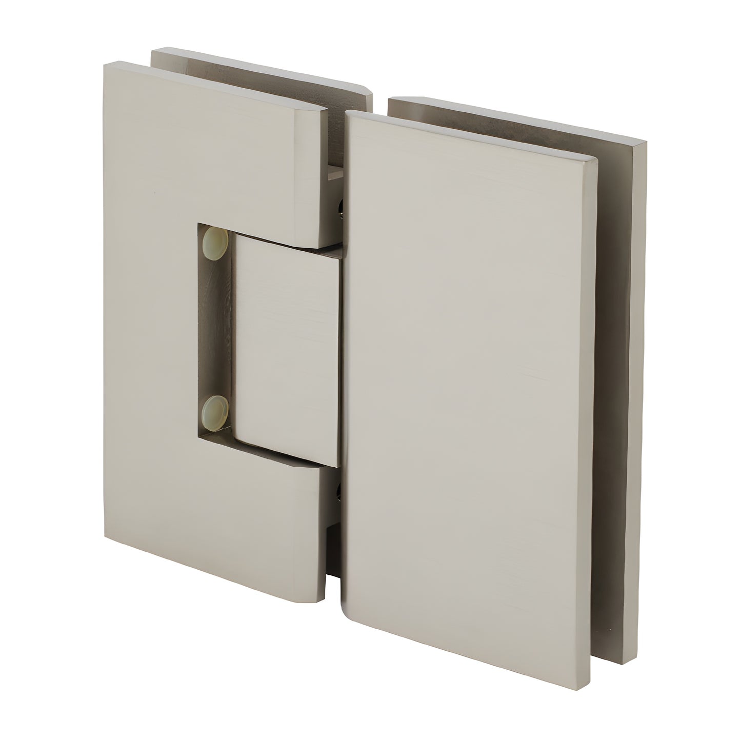 V1E580BN brushed nickel squared Vienna glass-to-glass shower hinge for 3/8-1/2" glass, solid brass, self-centering