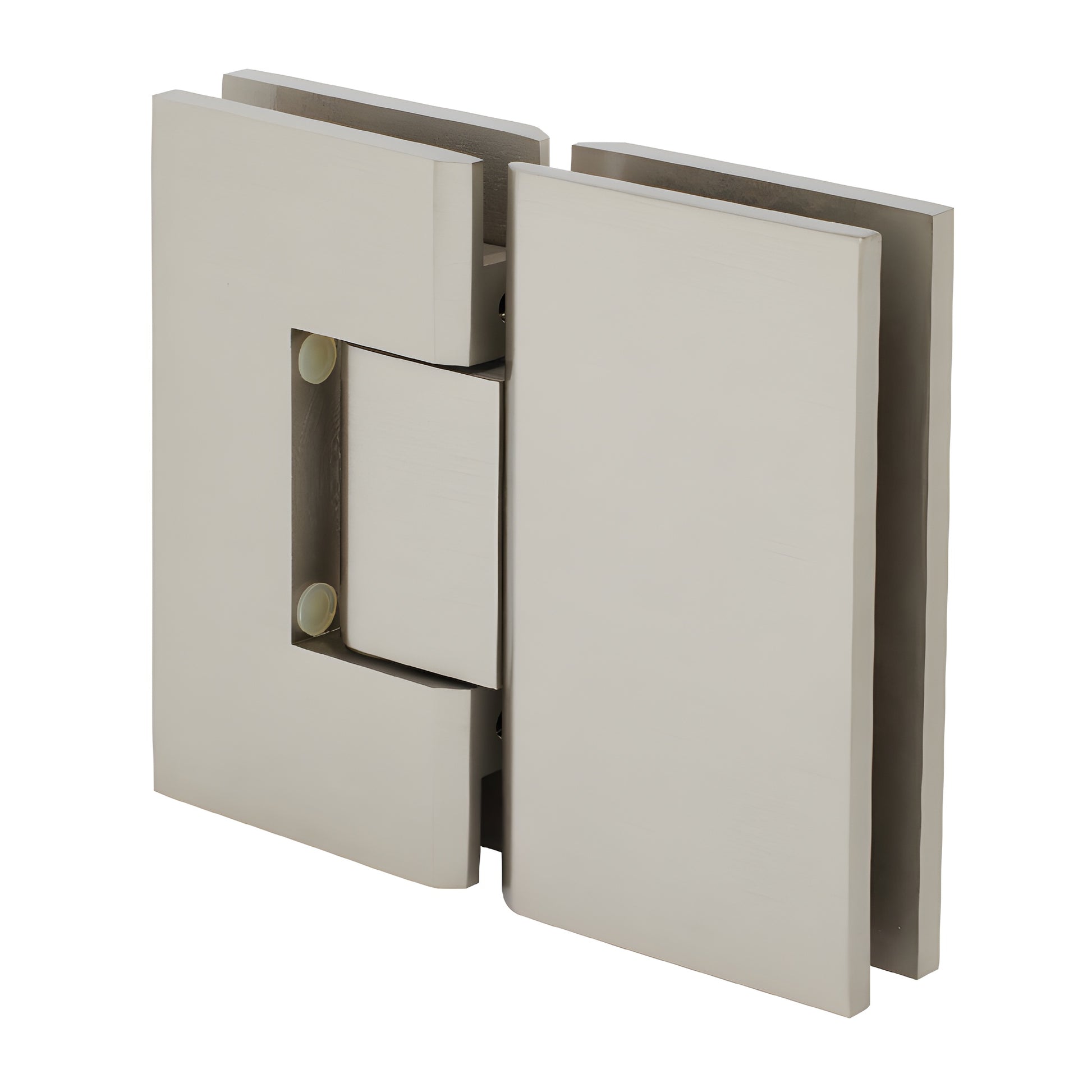 V1E580BN brushed nickel squared Vienna glass-to-glass shower hinge for 3/8-1/2" glass, solid brass, self-centering