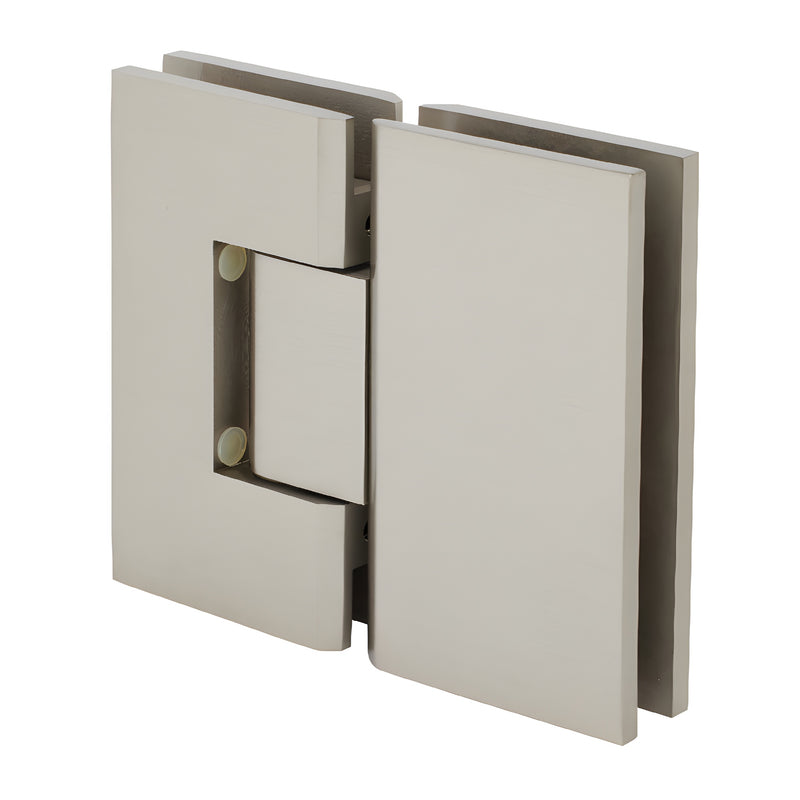 V1E580BN brushed nickel squared Vienna glass-to-glass shower hinge for 3/8-1/2" glass, solid brass, self-centering