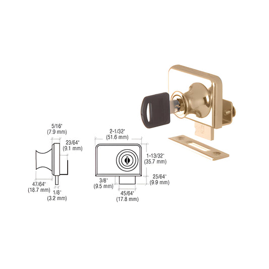 Gold-plated no-drill cabinet glass lock (LK48) for 1/4" glass, includes key and matching strike plate.