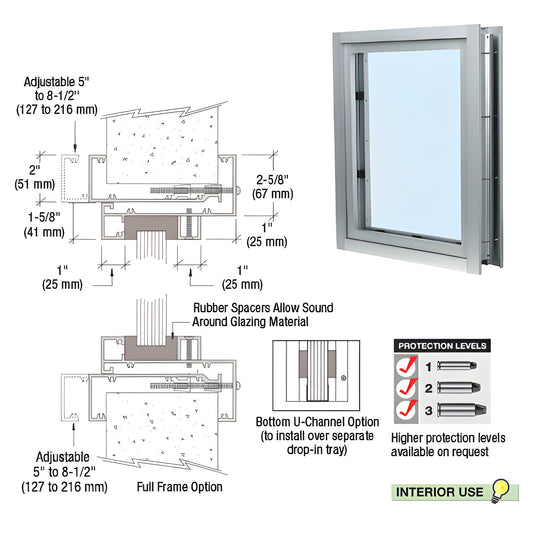 Clamp-on frame vision window (satin anodized) for interior service counters with surround-sound voice passthrough. SKU C0V1A