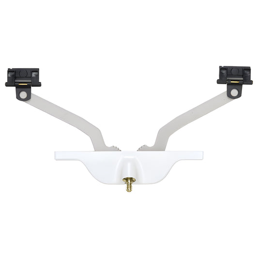 White front-mount awning window operator (SKU EP27051) with dual gray arms, acetal pivot shoes and central mounting screw.