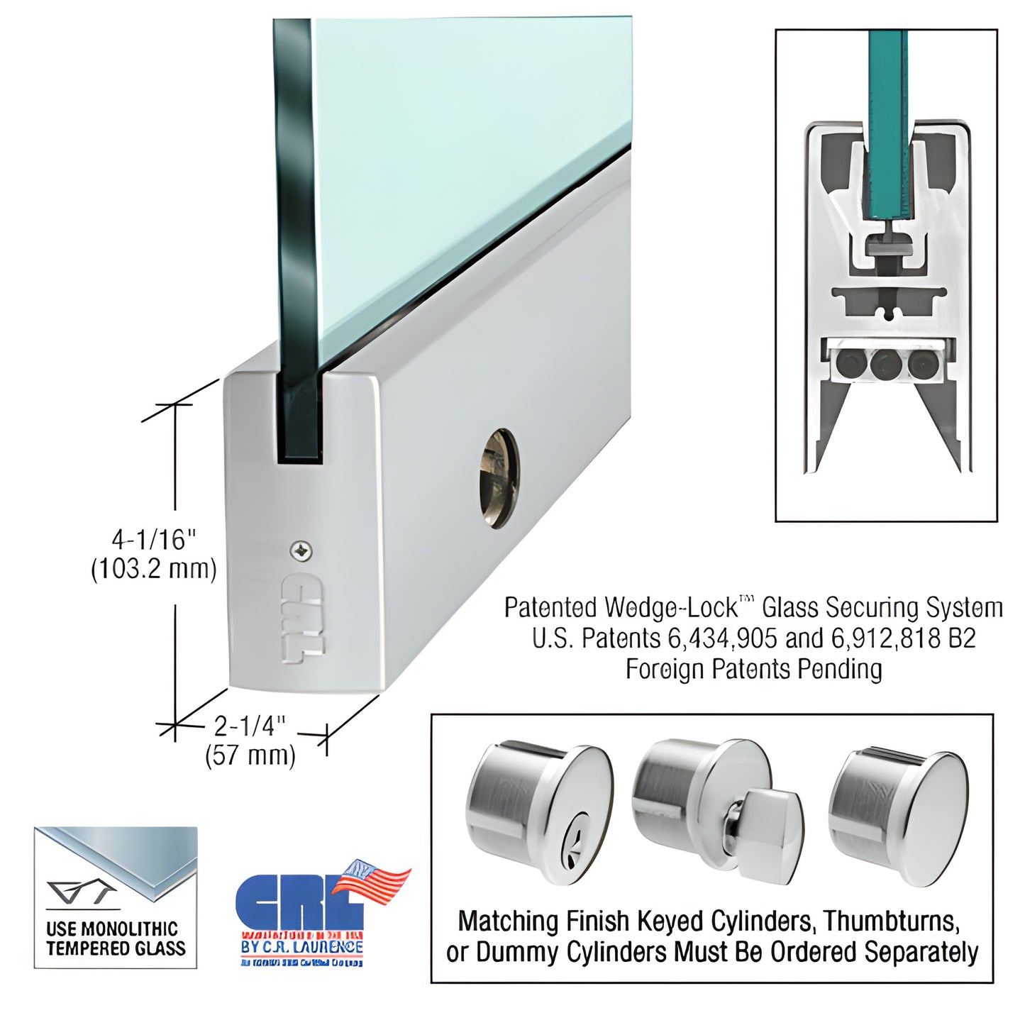 DR4SBS34SL brushed stainless steel 35-3/4" wedge-lock door rail for 3/4" glass, includes lock.