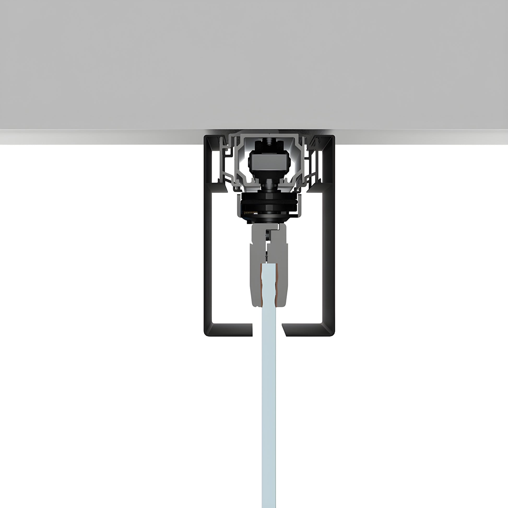 Matte-black ceiling-mounted CRL50 synchronized dual-panel sliding glass door track kit (fits 8mm tempered insulated glass)