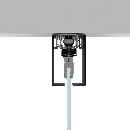 Matte black CRL50DMBL dropped-ceiling sliding glass door track with tempered glass panel, concealed rail cover