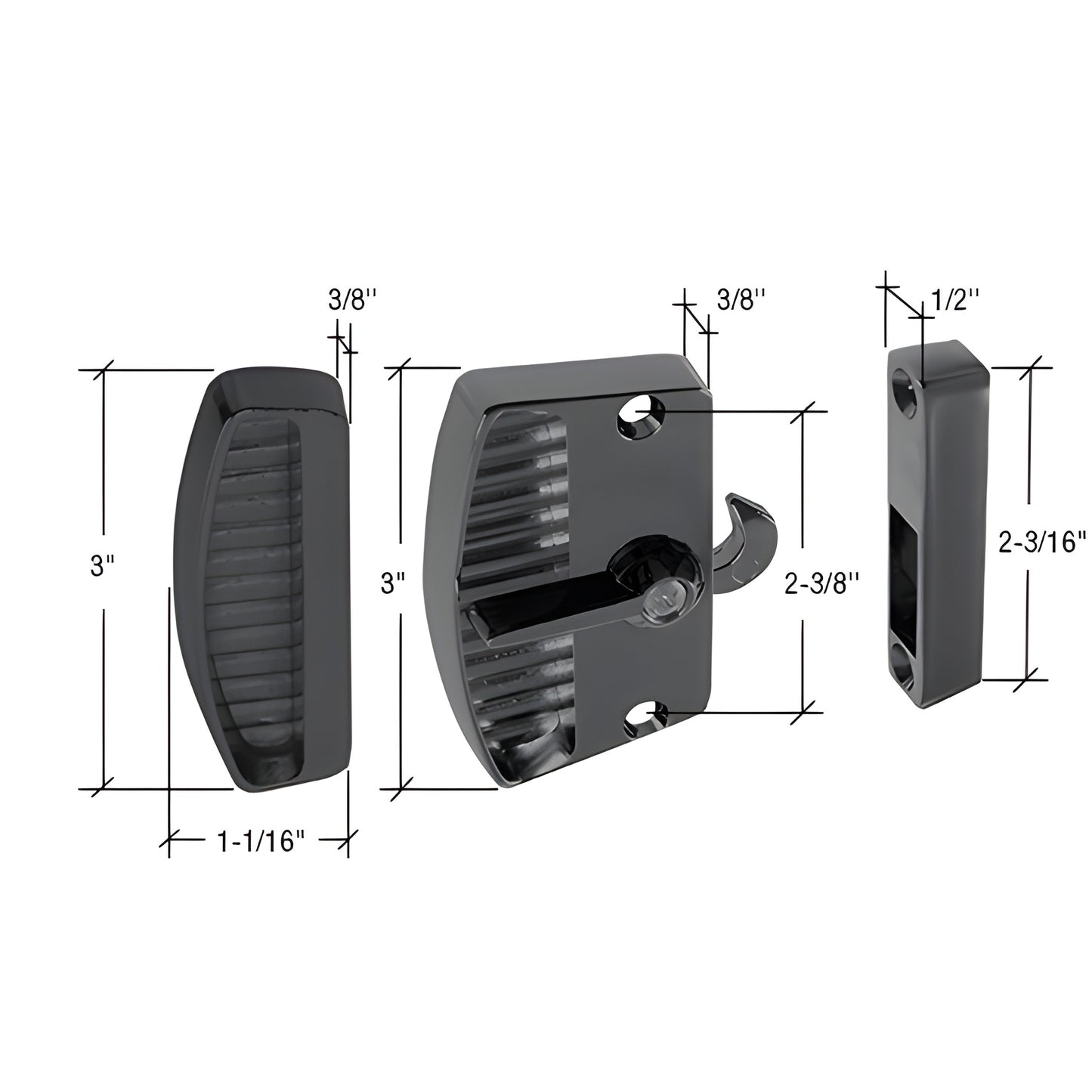 Black diecast surface-mount screen door latch and pull (A181BL), non-handed, 3 in height, includes strike.