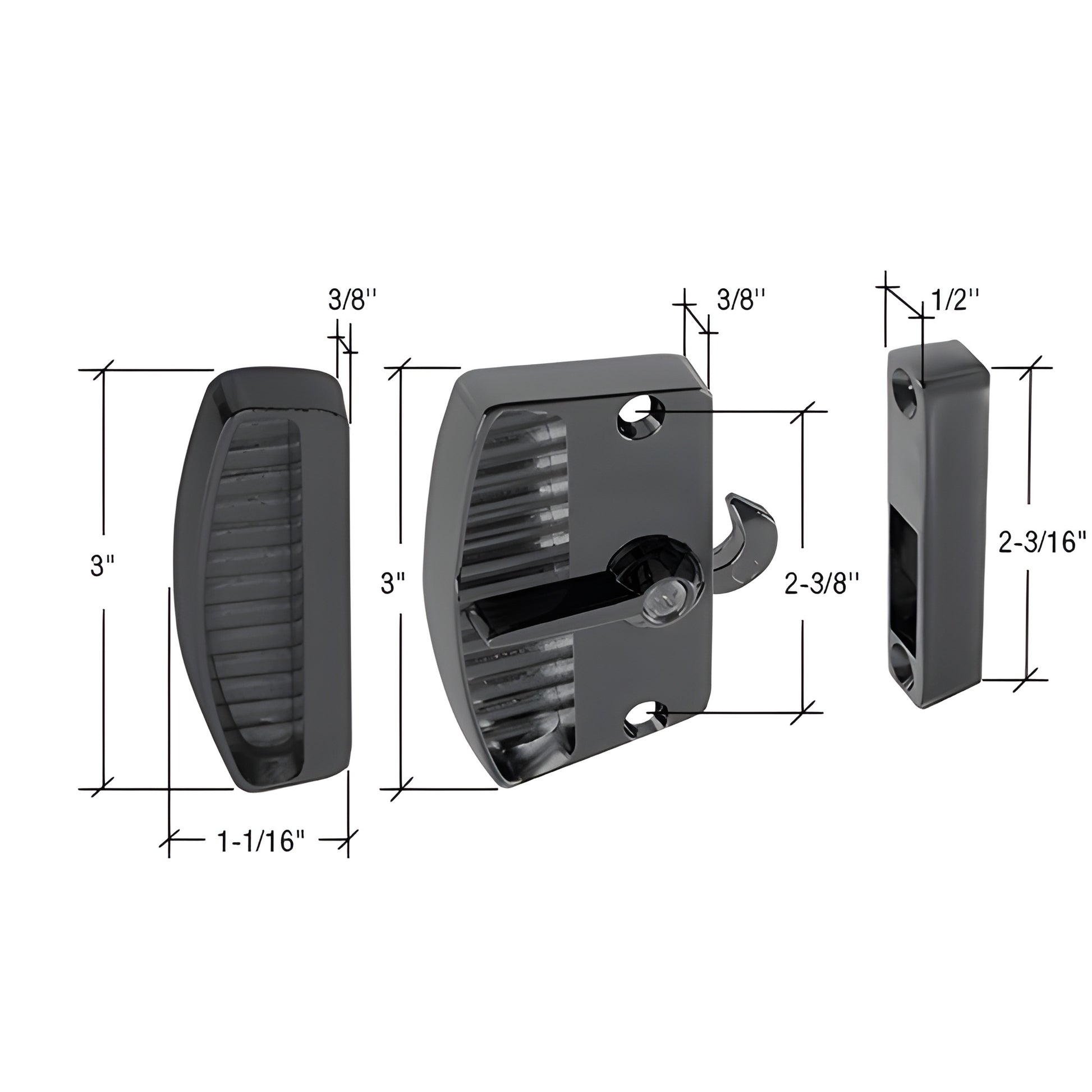 Black diecast surface-mount screen door latch and pull (A181BL), non-handed, 3 in height, includes strike.