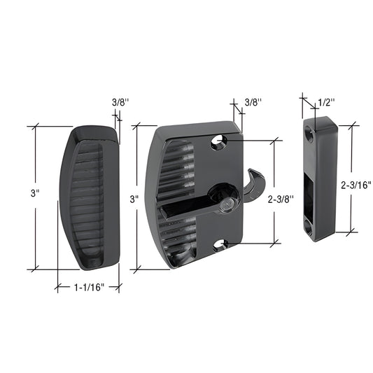 Black diecast surface-mount screen door latch and pull (A181BL), non-handed, 3 in height, includes strike.