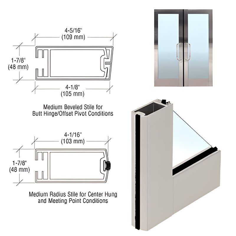 FFM1BS brushed stainless full-framed aluminum glass door, accepts 6-25mm glass, up to 48" 108", profile drawings and corner v