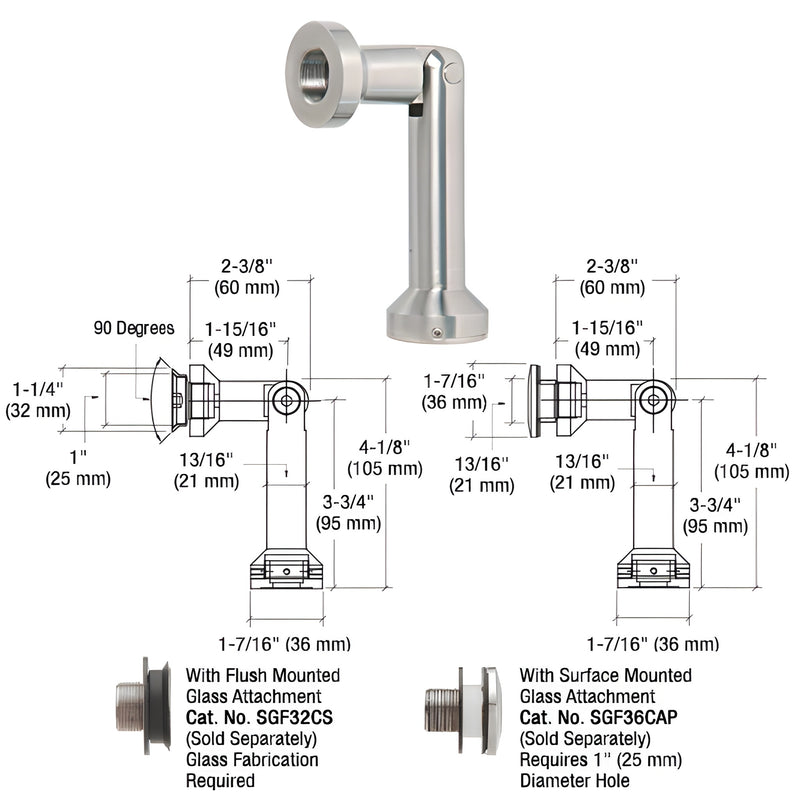 Brushed stainless steel single-pivot glass-to-wall/floor swivel fitting, SKU SGF63BGW - fits 3/8-1/2" (10-12 mm) glass.