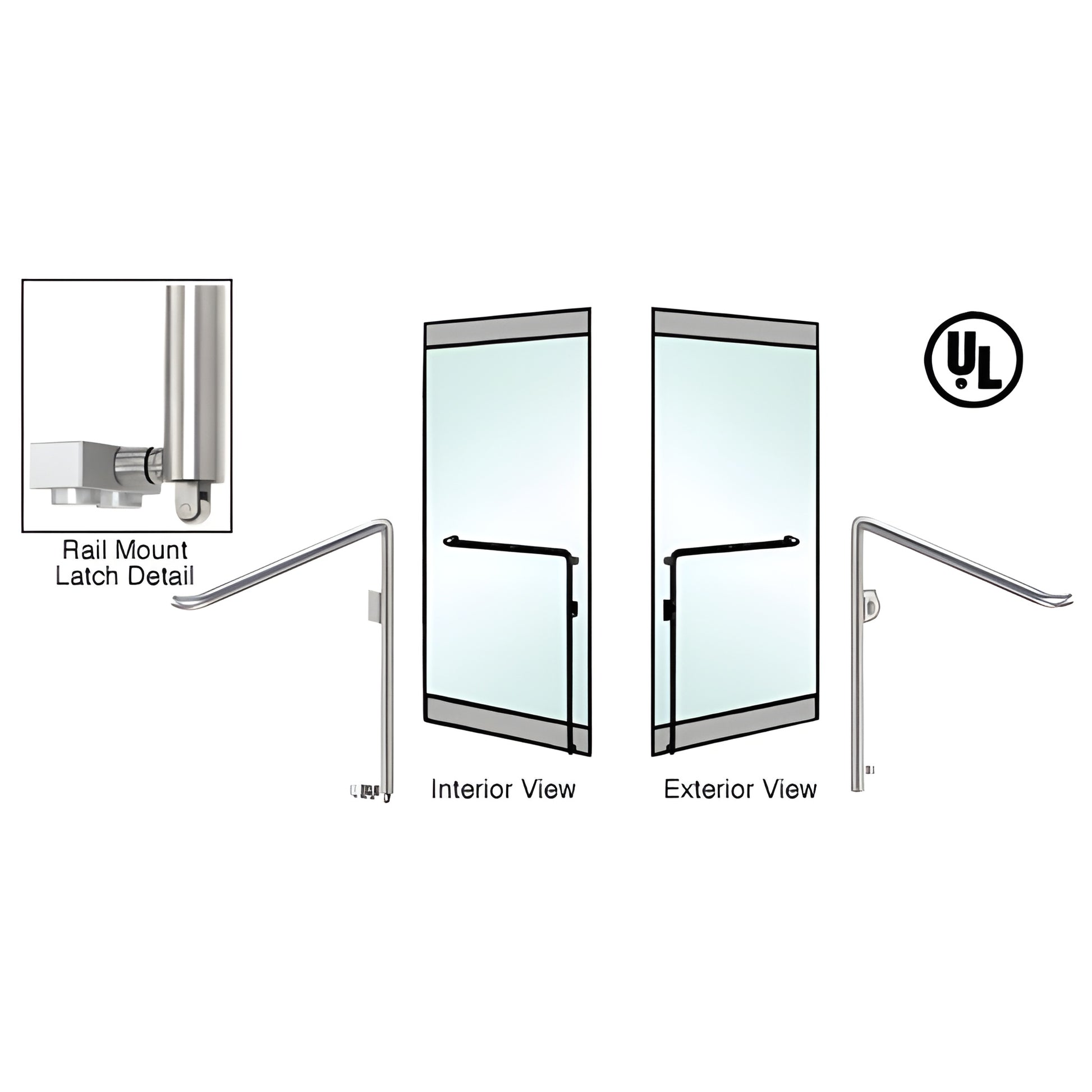 PA110C3RKBS brushed stainless tubular panic rail-mount handle for 1/2 glass doors, right-hand reverse, int./ext.