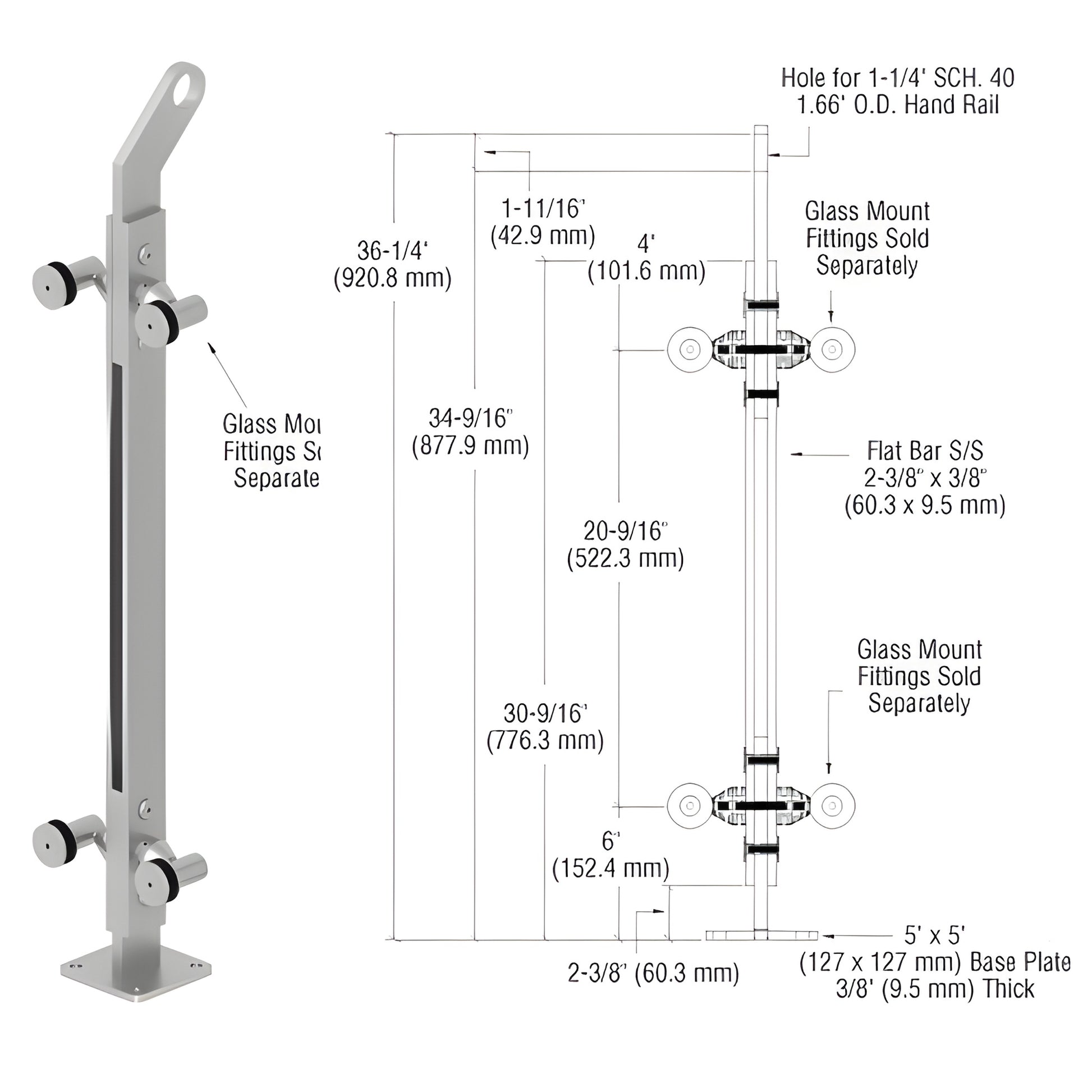 P236CBSC stainless steel 36 in P2 railing post, brushed finish, 5x5 base plate, fits 1/2-1 in glass; fittings sold separately