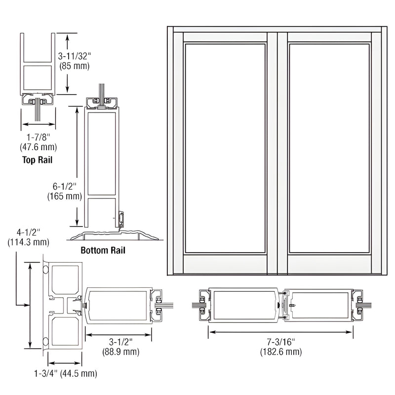 Technical line drawing of CRL DB82052 Durafront double entrance door, White Kynar, center-hung, dimensions.
