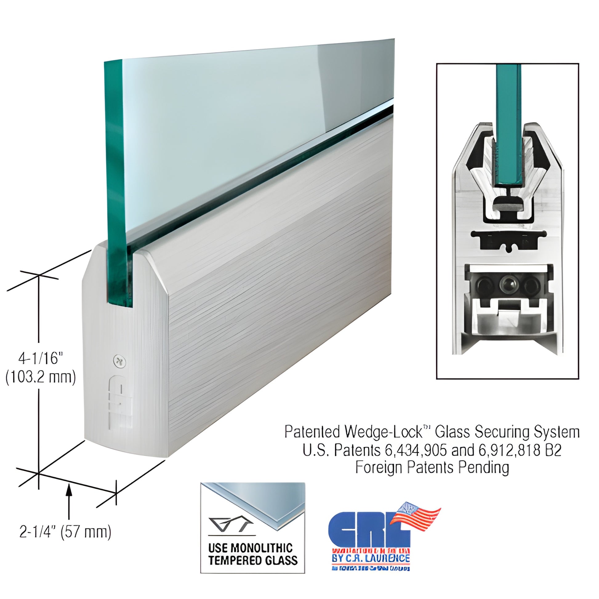 CRL Wedge-Lock 4 inch tapered door rail, brushed stainless steel, 35-3/4" for 5/8" tempered glass SKU DR4TBS58S