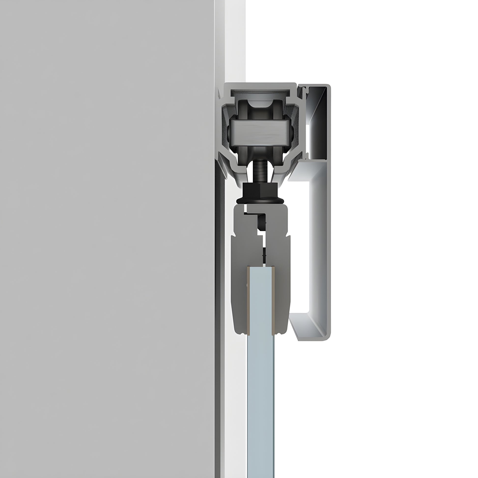 CRL50 wall-mount sliding glass door hardware - satin anodized top track with blue-tinted tempered glass panel.