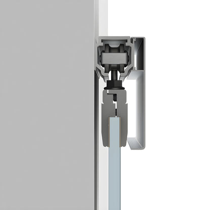 CRL50 wall-mount sliding glass door hardware - satin anodized top track with blue-tinted tempered glass panel.