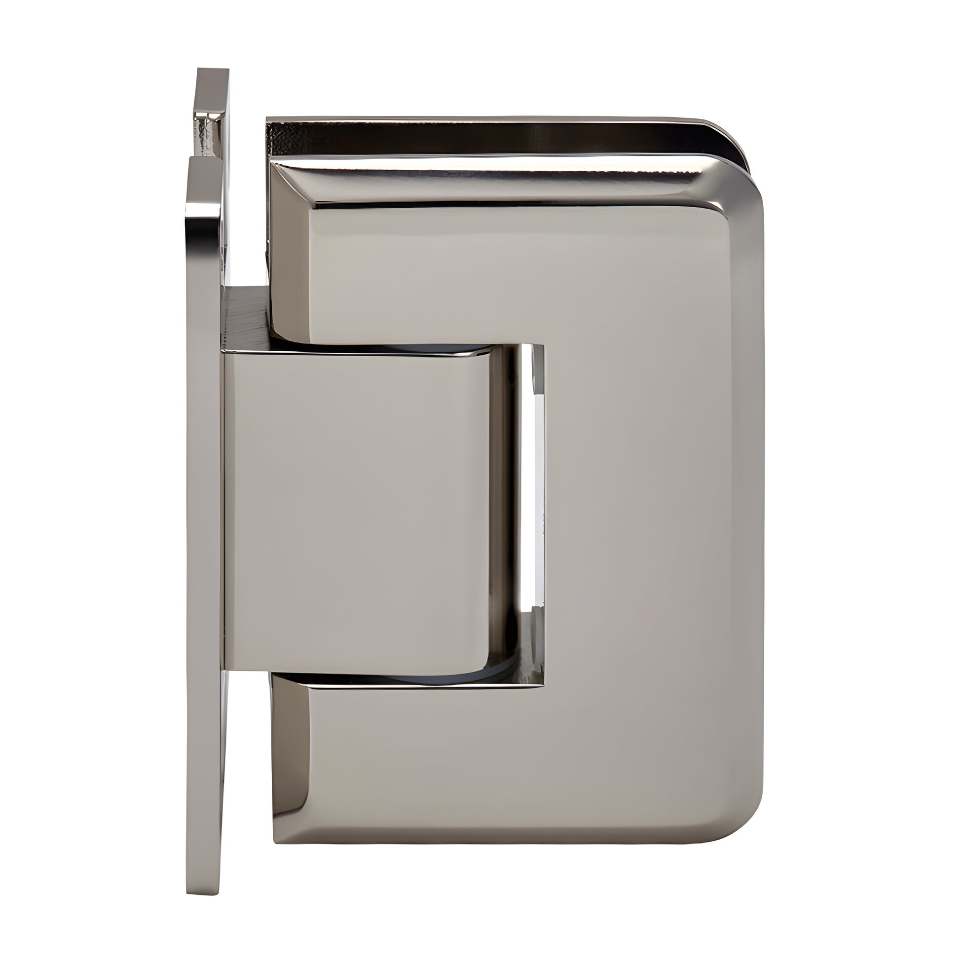 P1N337PN Polished nickel brass adjustable Pinnacle shower door hinge, H back plate, fits 8-12mm glass.
