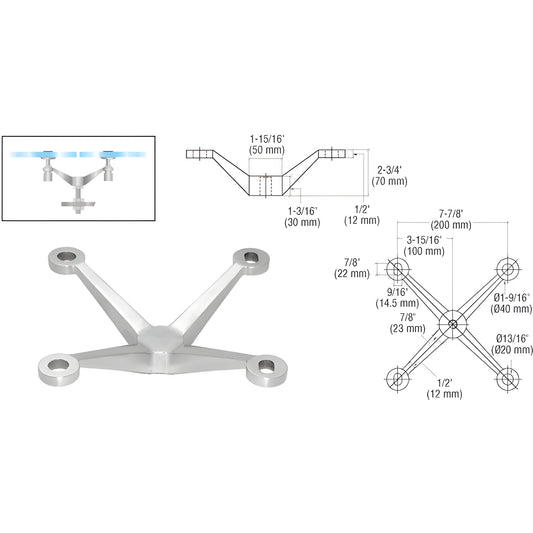 Stainless steel CRL four-arm center-post fitting (SKU PMH4BS) for monolithic tempered glass up to 1-1/16"