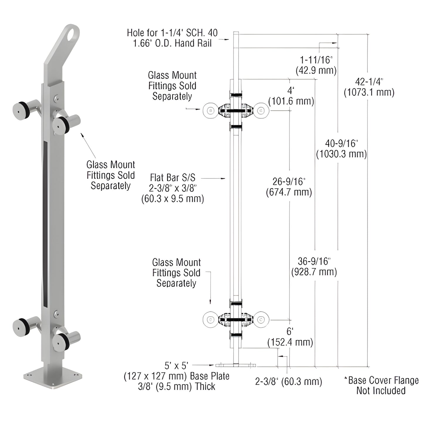 Stainless steel surface-mount P2 post railing kit P242CBSC, 42in tall, 5x5 base plate, brushed finish, fits 1/2-1in glass
