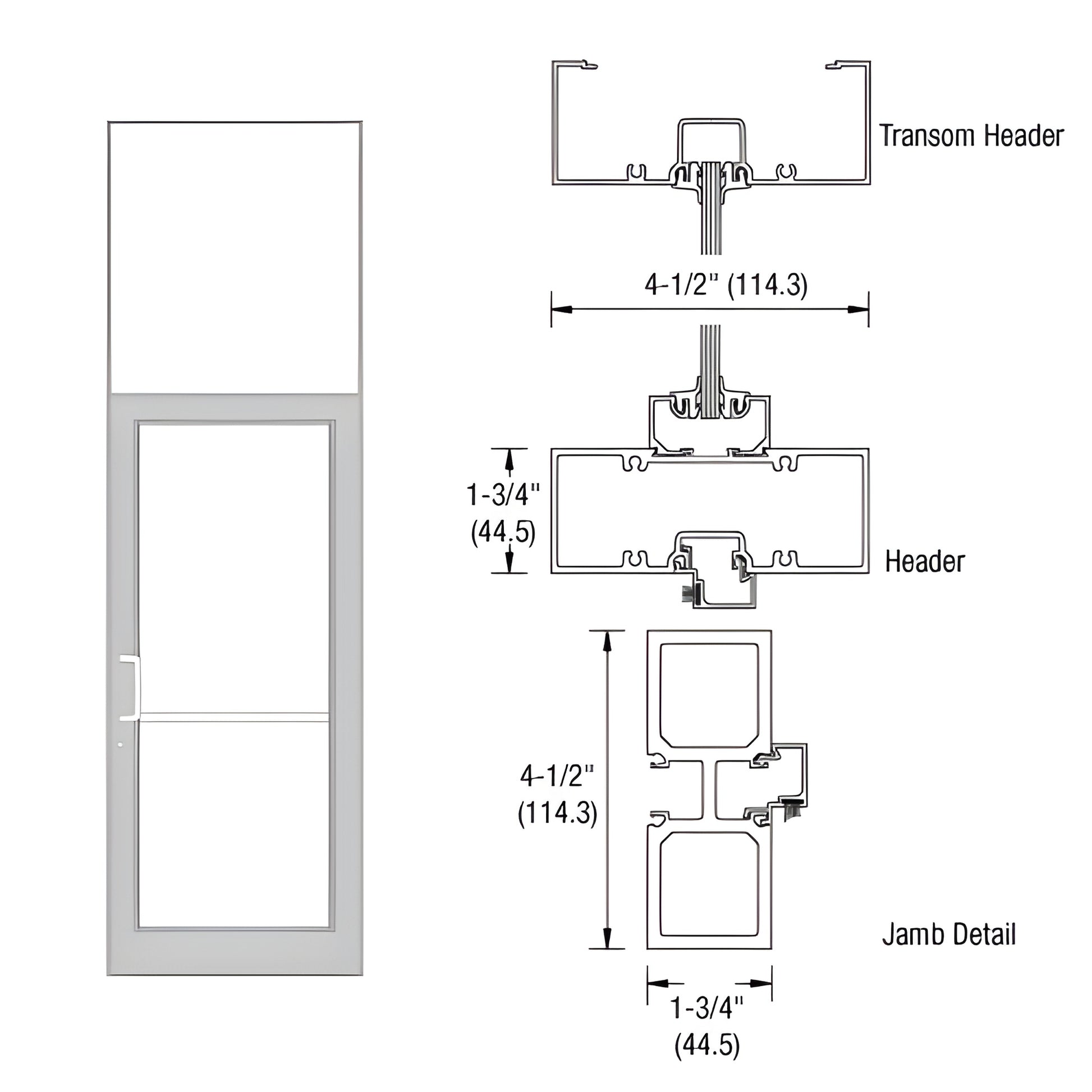 Clear anodized aluminum transom frame for 36x84 gear-hinge door with tubular jambs - technical drawing and elevation, SKU FD3