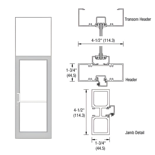Clear anodized aluminum transom frame for 36x84 gear-hinge door with tubular jambs - technical drawing and elevation, SKU FD3