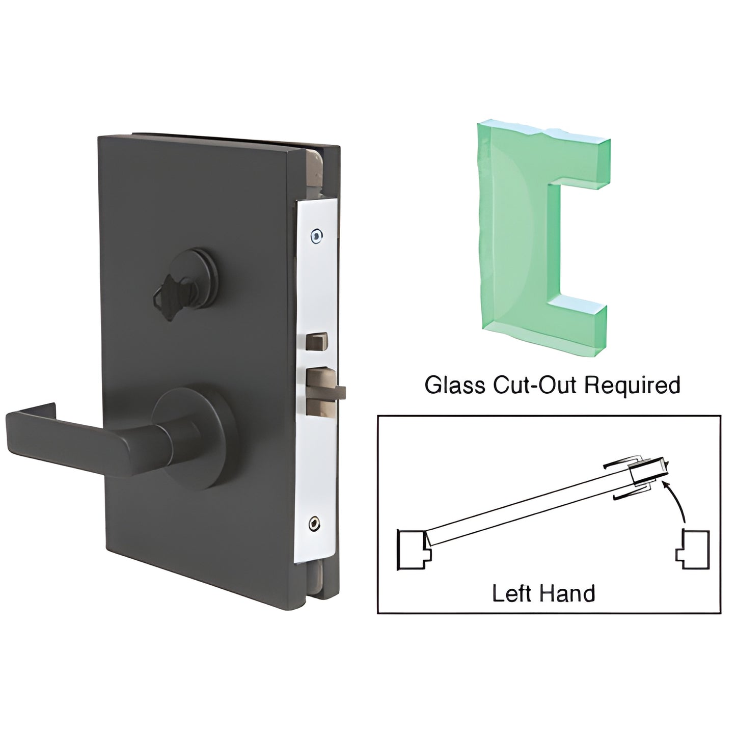 Matte black CRL center lock with lever for 1/2" tempered glass, left-hand, 6"x10" (SKU DL610LSMBL)
