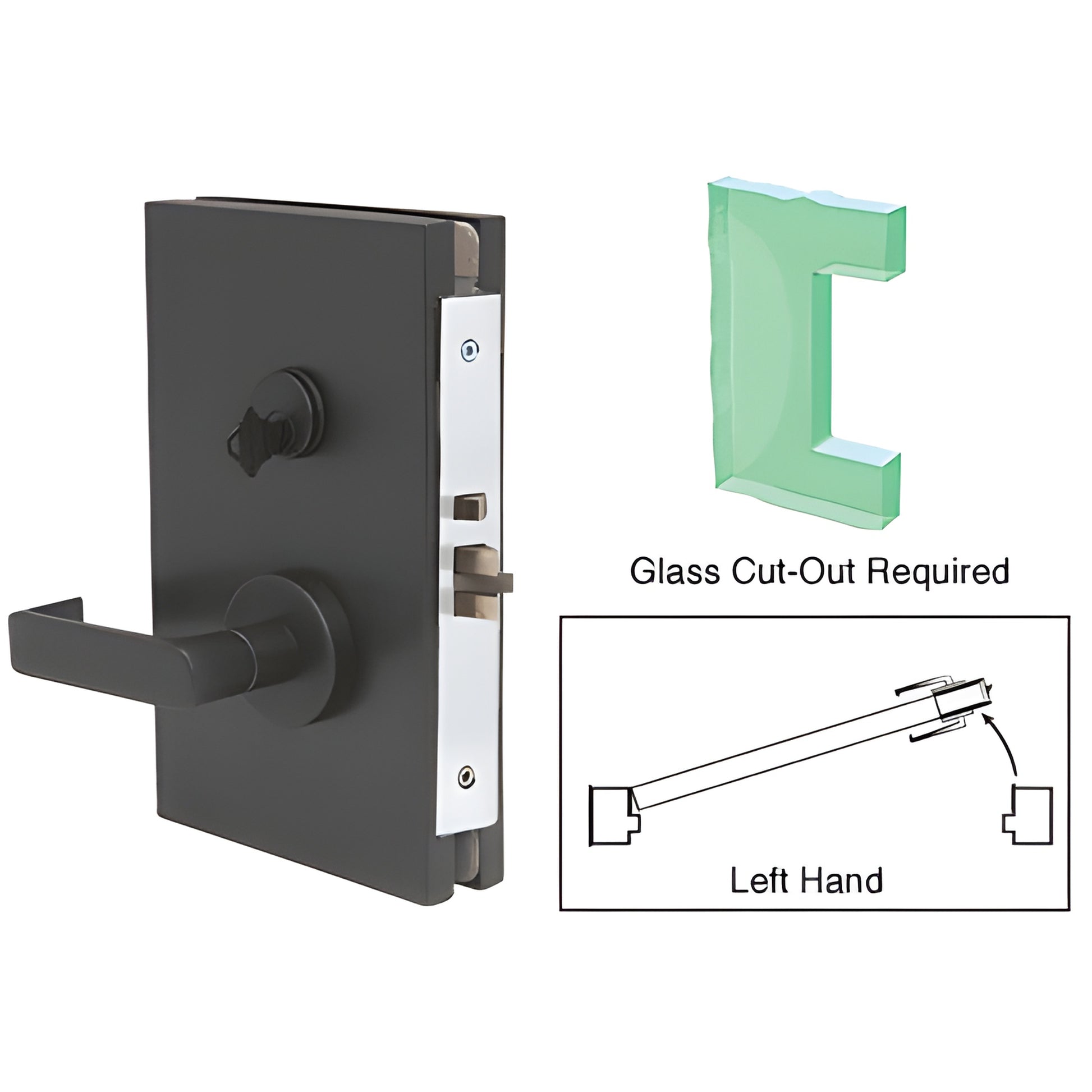 Matte black CRL center lock with lever for 1/2" tempered glass, left-hand, 6"x10" (SKU DL610LSMBL)
