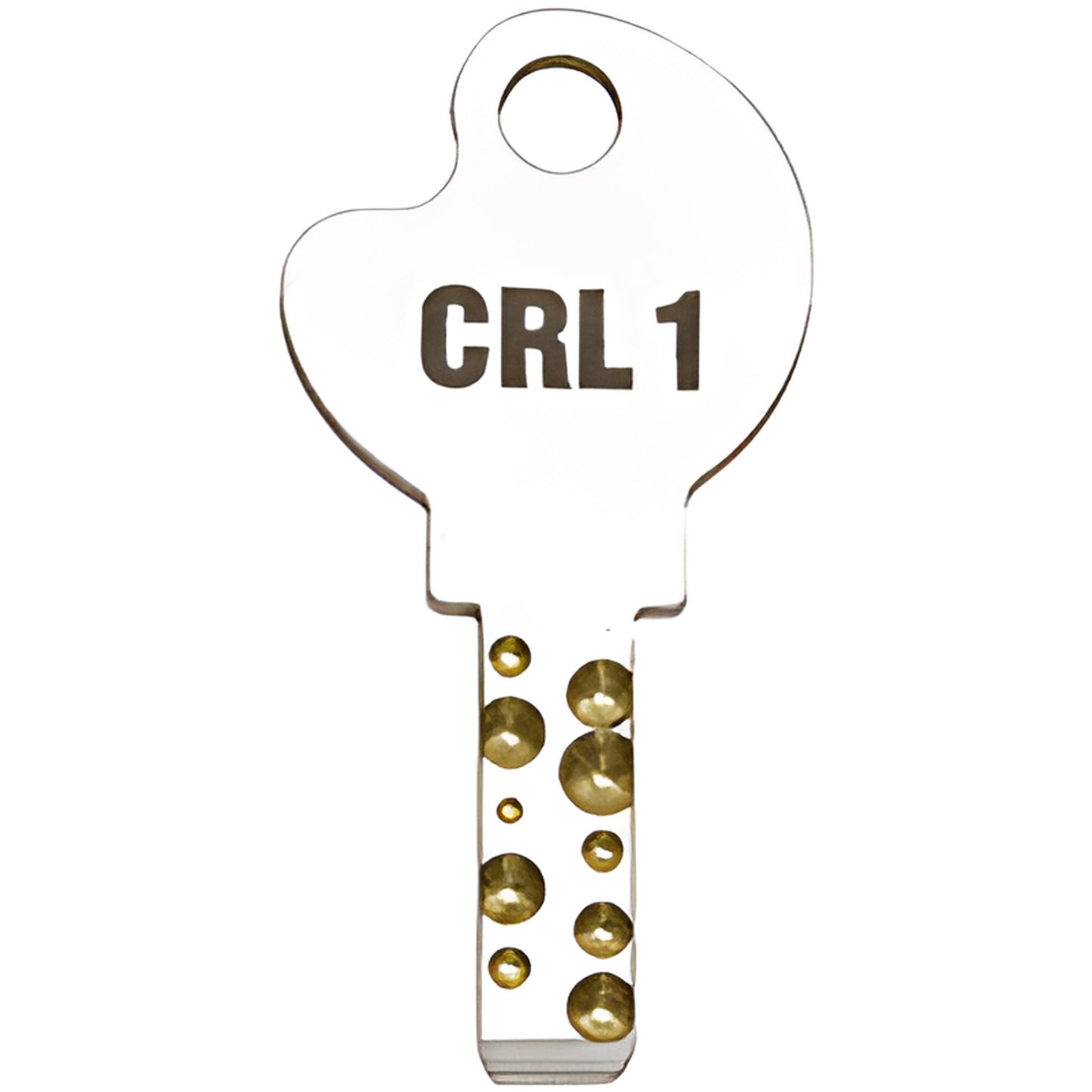 CRL replacement key labeled CRL1 - silver key with brass pin dimples for patch locks. SKU 01PKEY1