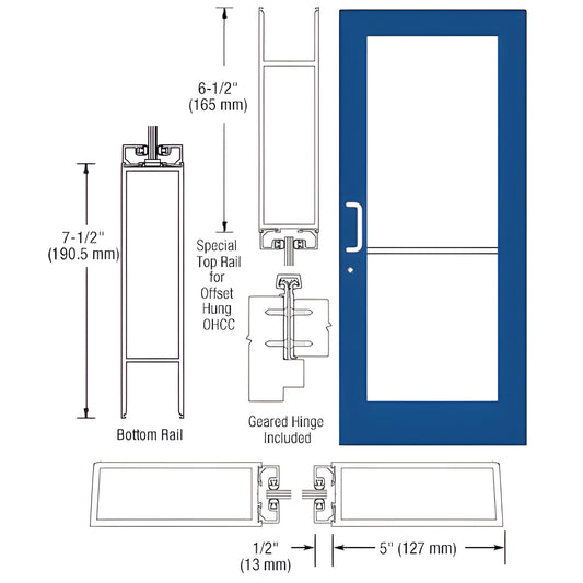 Custom wide-stile commercial entrance door (SKU HE51971), blue frame with large glass panel, push/pull hardware and geared hi