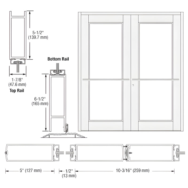 DC92752 Custom Durafront WS commercial double entry door, white Kynar, 5" stiles, 51 2" top rail, 61 2" bottom rail, glass panels