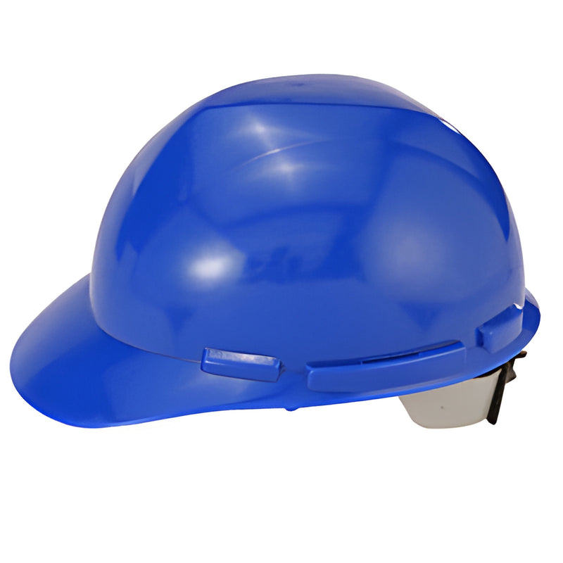Blue polyethylene CRL hard hat (SKU HH300B) with short brim, accessory slots and rear ratchet suspension