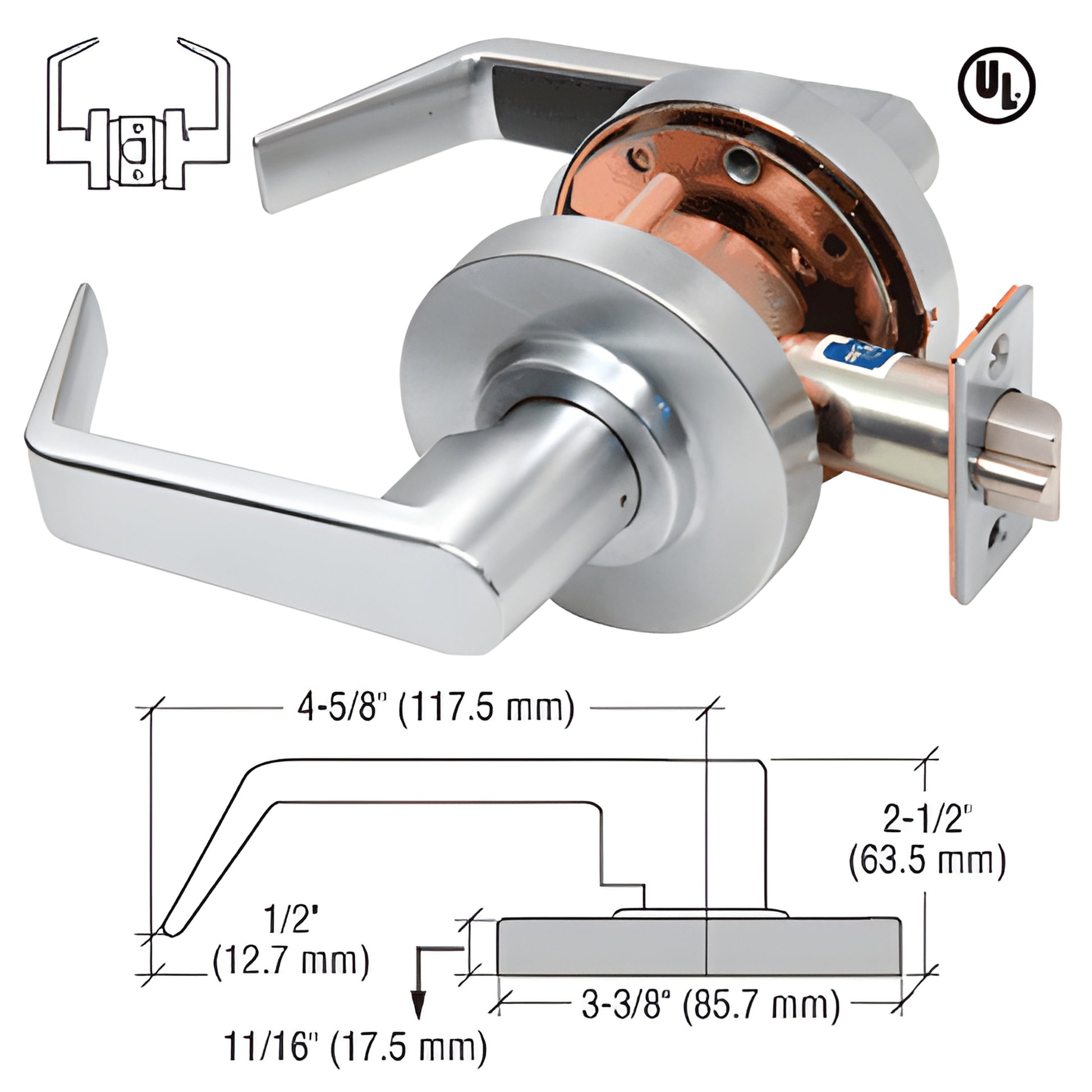 D20PASS brushed chrome heavy-duty Grade 1 passage lever lockset, reversible, 3 hour UL fire rated, 2-3/4" backset.