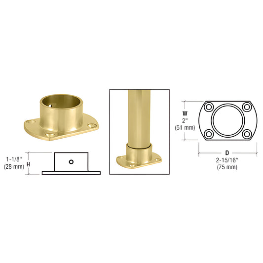 HR15ZPB polished brass cut flange end cap for partition/sneeze guard tubing, oval base with four screw holes, 2" x 2 15/16".
