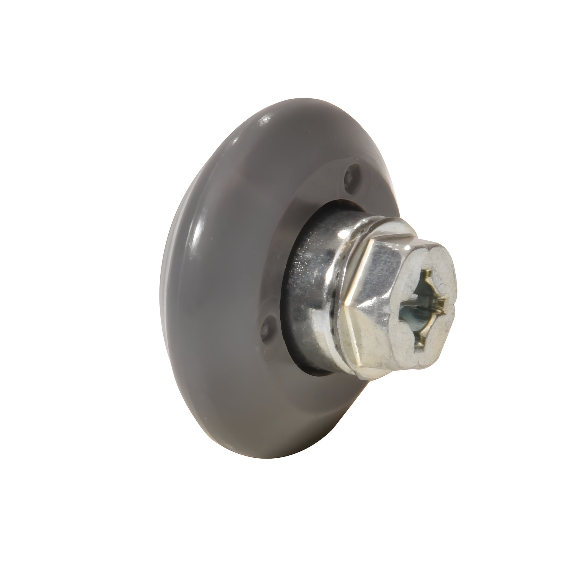 Gray 7/8in V-shaped nylon shower door roller with 10-32 threaded hex hub and steel bearing (SKU M6175)