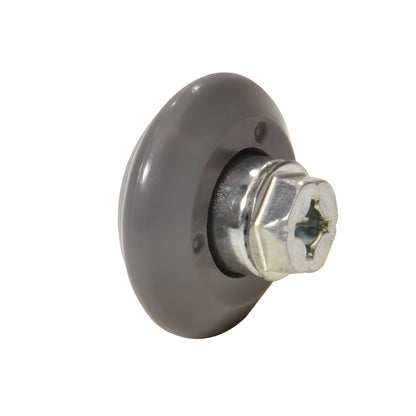 Gray 7/8in V-shaped nylon shower door roller with 10-32 threaded hex hub and steel bearing (SKU M6175)