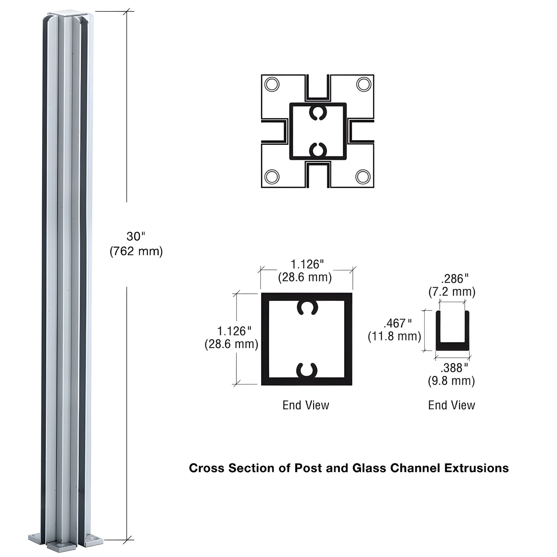 D990A304W satin-anodized aluminum 4-way square partition post with U-channel glazing, 30" height