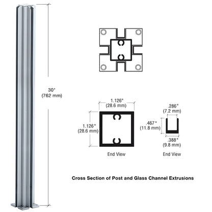 D990A304W satin-anodized aluminum 4-way square partition post with U-channel glazing, 30" height