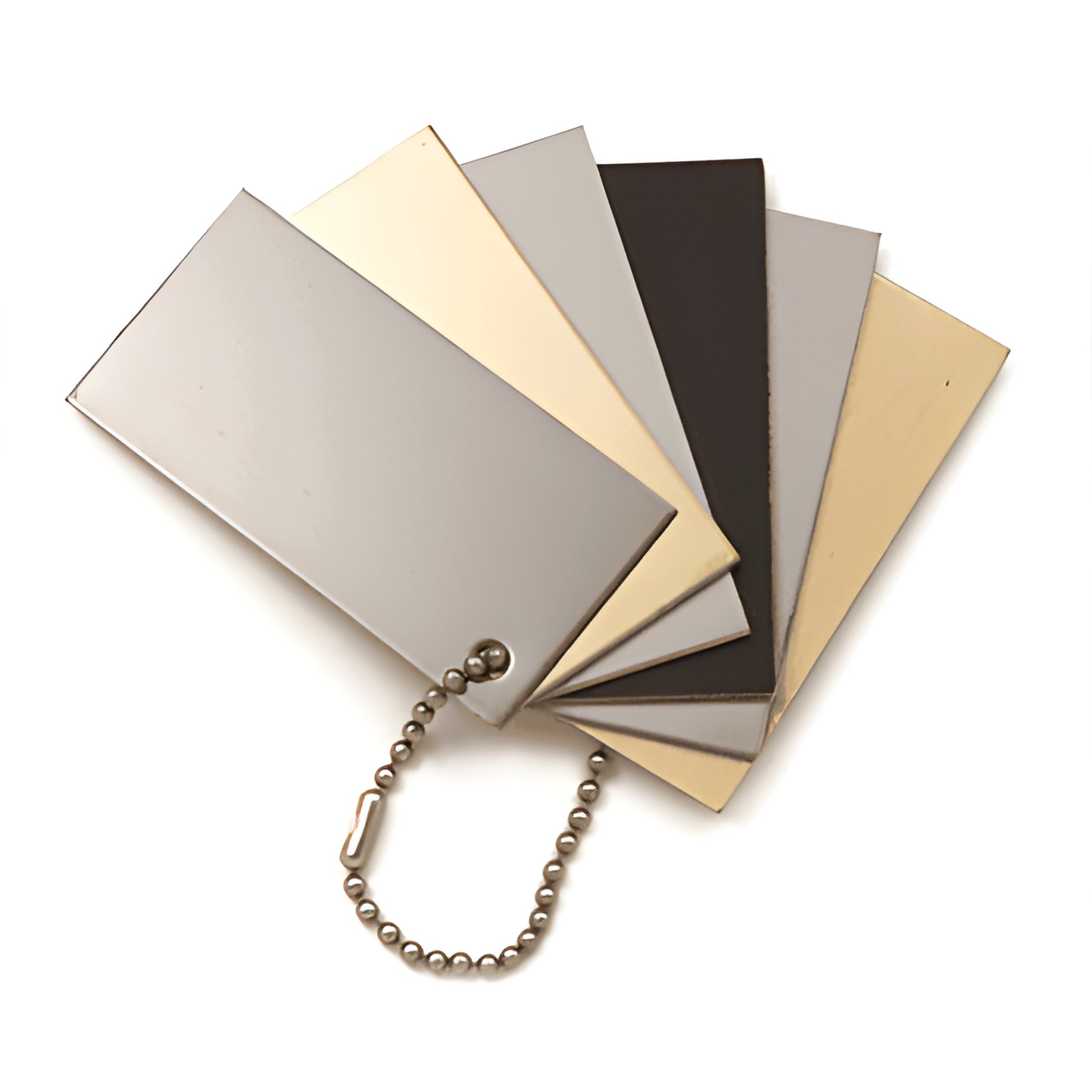 CRL sample chain of six metal finish swatches-stainless, brass and satin anodized-on a ball chain