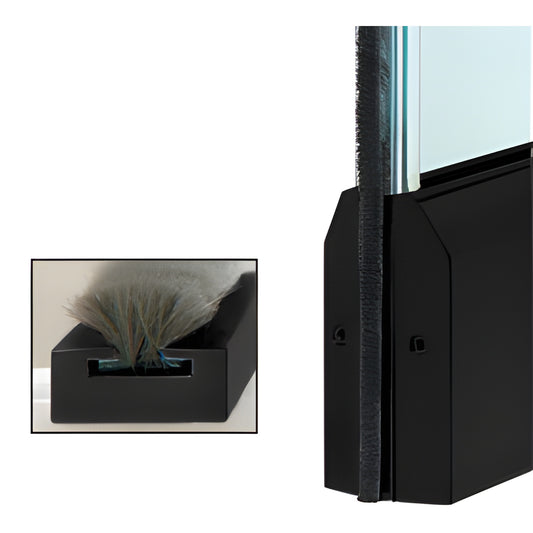 MTW12MBL matte black wool-pile weatherstrip kit mounted on 1/2" glass, metal channel and pile close-up.