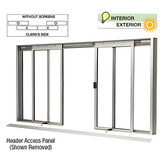DW3400A four-panel satin-anodized manual sliding service window, two center sliders, fixed side panels, header access panel r