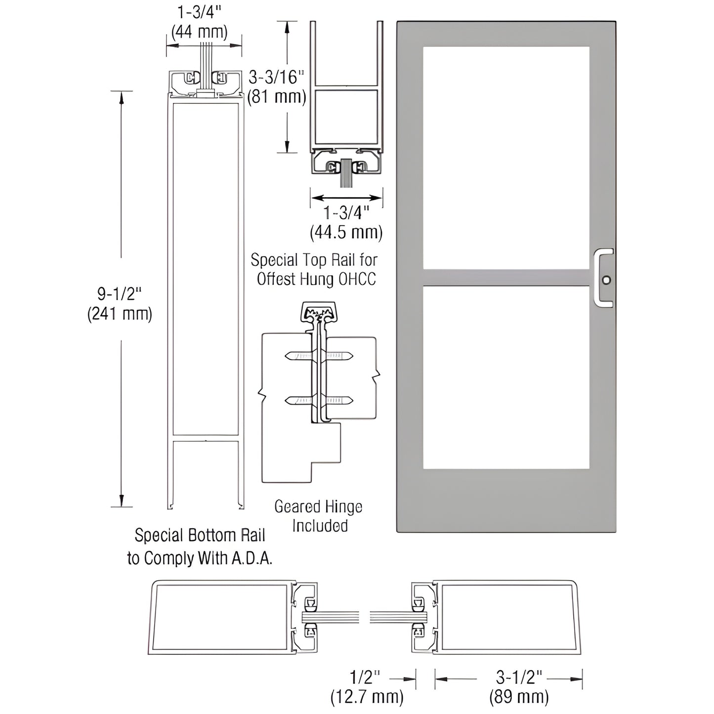 Medium stile commercial entrance door, Clear Anodized Class 1, 91 2" ADA bottom rail, concealed vertical rod panic hardware. SK